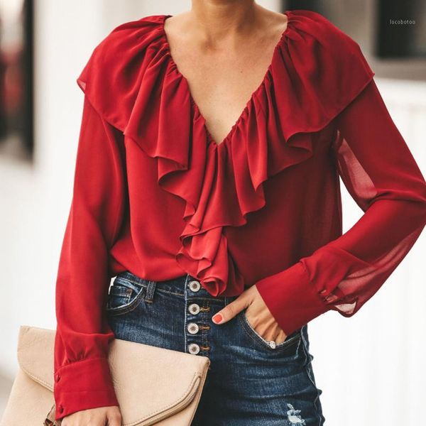 women's blouses & shirts girl wind stylish chiffon ruffles blouse women v neck long sleeve casual buttons 2021 spring 1, White 
women's blouses & shirts girl wind stylish chiffon ruffles blouse women v neck long sleeve casual buttons 2021 spring 1, White