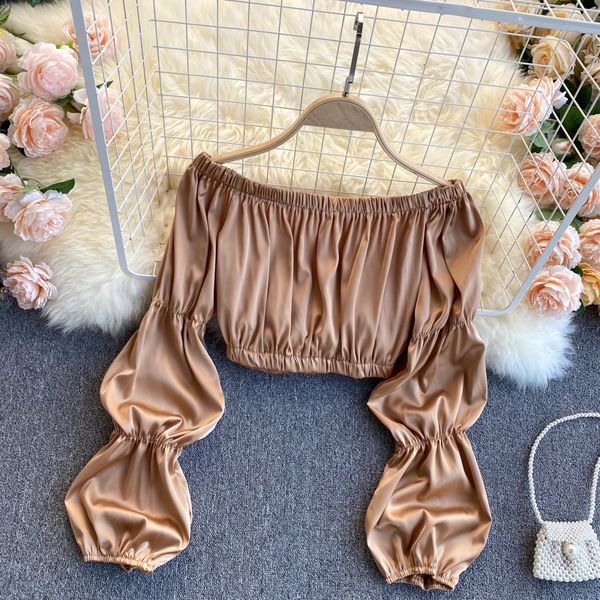 2021 new slash neck women's blouse spring puff elastic ruched solid short shirts in style pjoz, White
2021 new slash neck women's blouse spring puff elastic ruched solid short shirts in style pjoz, White