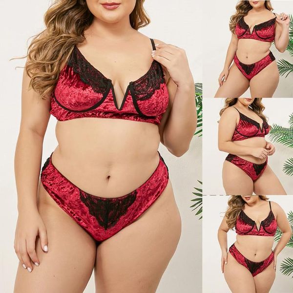 women underwear lace lingerie pajamas women sleepwear underwear velvet bra brief underpant lencería mujer clothes1, Red;black