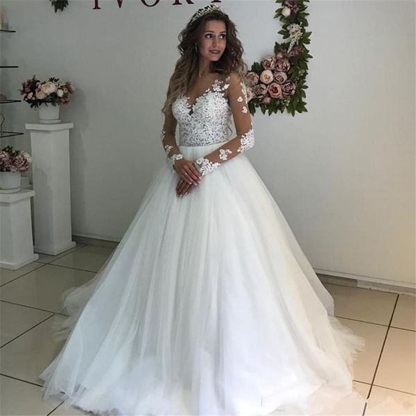 sheer long sleeves lace wedding dresses 2021 with appliques jewel neck sweep train tulle a line wedding bridal gowns, White
sheer long sleeves lace wedding dresses 2021 with appliques jewel neck sweep train tulle a line wedding bridal gowns, White