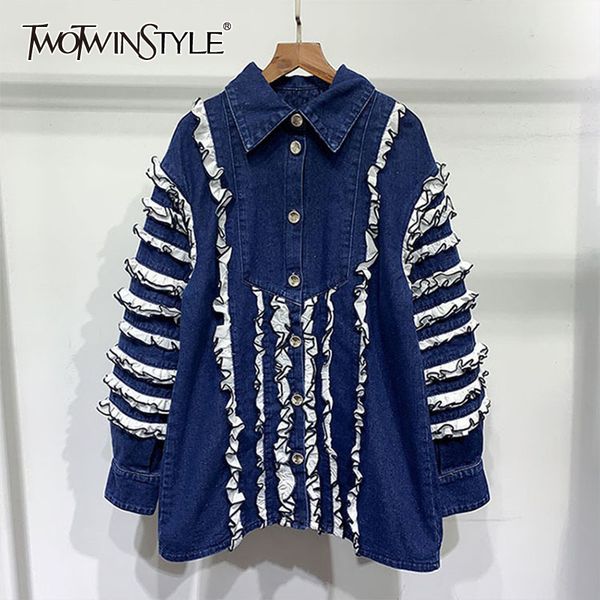 twotwinstyle patchwork ruffle hit color denim coat for female lapel collar lantern sleeve loose oversized coats female new 201028, Black;brown
twotwinstyle patchwork ruffle hit color denim coat for female lapel collar lantern sleeve loose oversized coats female new 201028, Black;brown