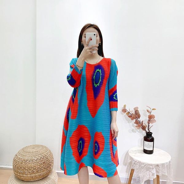 pleated print dress 2020 summer mom's oversized pleated dress1, Black;gray