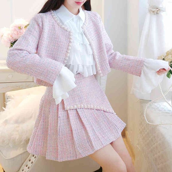 two piece dress autumn winter sweet tweed 3 set women pearls beading short jacket coat+ruffles white chiffon shirts+mini pleated skirt 20102
two piece dress autumn winter sweet tweed 3 set women pearls beading short jacket coat+ruffles white chiffon shirts+mini pleated skirt 20102