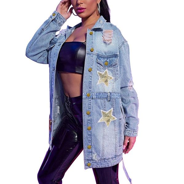 women's jackets women frayed denim jacket light blue single breasted sequins stars hole jean vintage sashes coat outwear feminine, Black;brown 
women's jackets women frayed denim jacket light blue single breasted sequins stars hole jean vintage sashes coat outwear feminine, Black;brown