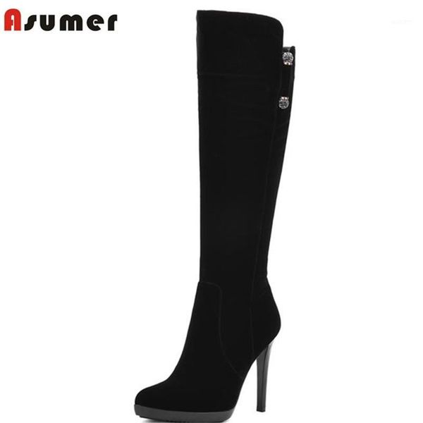 boots asumer knee high for women zip-up pointed toe thin heels solid nubuck flock leather quality boots1, Black
boots asumer knee high for women zip-up pointed toe thin heels solid nubuck flock leather quality boots1, Black