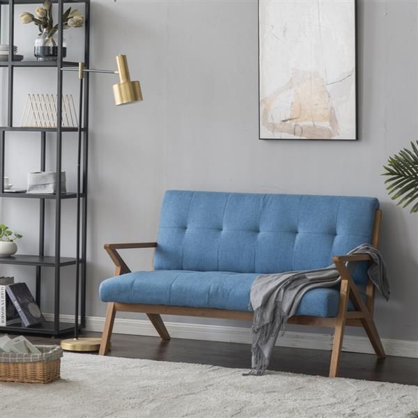 (126 X 85 X 82.5cm) Solid Wood K-type Retro Double Sofa Chair Light Blue Comfort