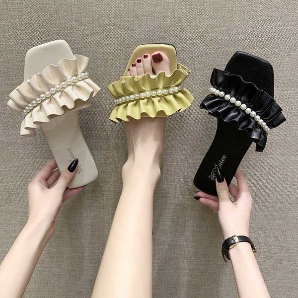 square head cool small fragrant breeze pearl lace net red slippers wear flat bottom leisure beach shoes and flip flops, Black
square head cool small fragrant breeze pearl lace net red slippers wear flat bottom leisure beach shoes and flip flops, Black
