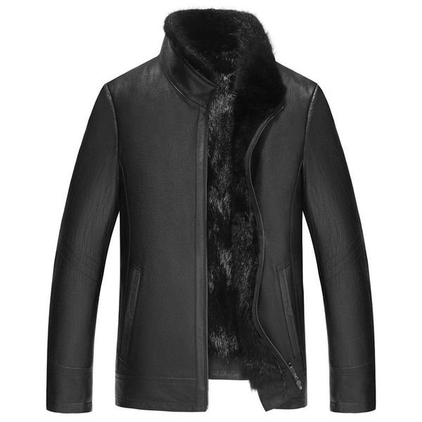 men's leather & faux haining fur mink coat sheep deer skin inner bladder jacket, Black
men's leather & faux haining fur mink coat sheep deer skin inner bladder jacket, Black