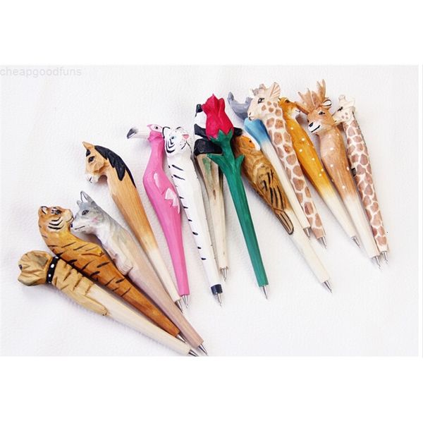 Wood Handmade Ballpoint Carving Pen Lovely Artificial Animal Ball Creative Arts Blue Pens Gift New Many Color