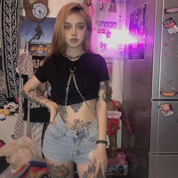 women black t-shirts o neck short sleeeve with lron chain streetwear fashion slim tee lady casual cropped 2019, White
women black t-shirts o neck short sleeeve with lron chain streetwear fashion slim tee lady casual cropped 2019, White