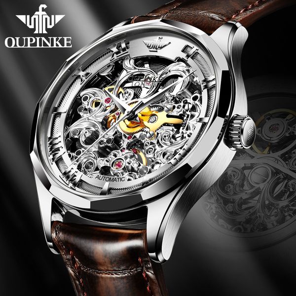 men mechanical wristwatch luxury automatic watch men skeleton genuine leather brand oupinke tungsten steel sapphire glass 201120, Slivery;brown
men mechanical wristwatch luxury automatic watch men skeleton genuine leather brand oupinke tungsten steel sapphire glass 201120, Slivery;brown