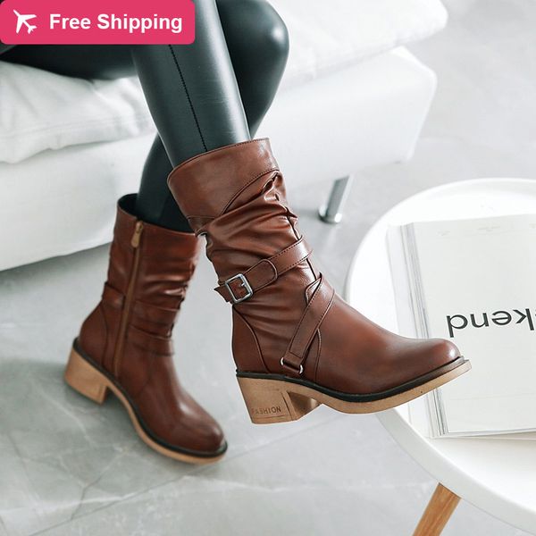 women's new autumn leather winter buckle ladies wear snow high thigh shoes mid calf boots size 33-43, Black
women's new autumn leather winter buckle ladies wear snow high thigh shoes mid calf boots size 33-43, Black