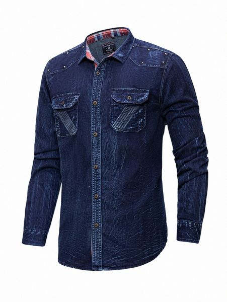 men flap pocket denim shirt g7xk#, Blue