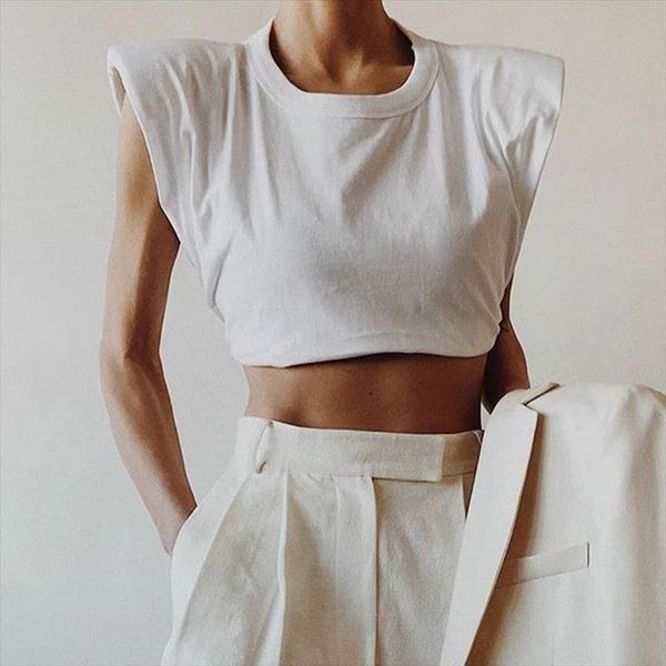 fashion 2020 summer autumn design temperament casual round neck sleeveless short crop navel t shirt shoulder padded, White
fashion 2020 summer autumn design temperament casual round neck sleeveless short crop navel t shirt shoulder padded, White