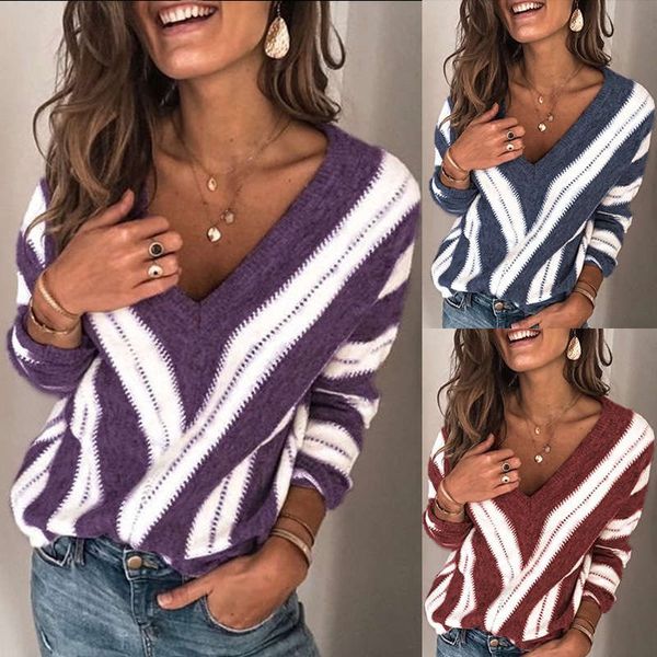 2020 new v-neck stripe knitted casual versatile sweater for women, White;black
2020 new v-neck stripe knitted casual versatile sweater for women, White;black