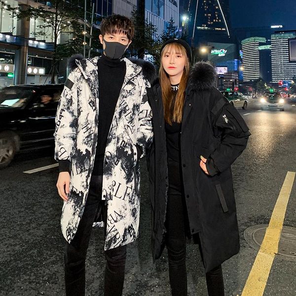 men's down & parkas couple style hooded big fur collar long warm white duck jacket for men and women, Black 
men's down & parkas couple style hooded big fur collar long warm white duck jacket for men and women, Black