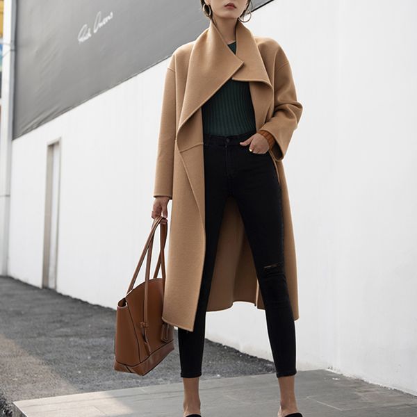 women trench nordic double-faced wool cashmere silhouette side slit long coat, Black
women trench nordic double-faced wool cashmere silhouette side slit long coat, Black
