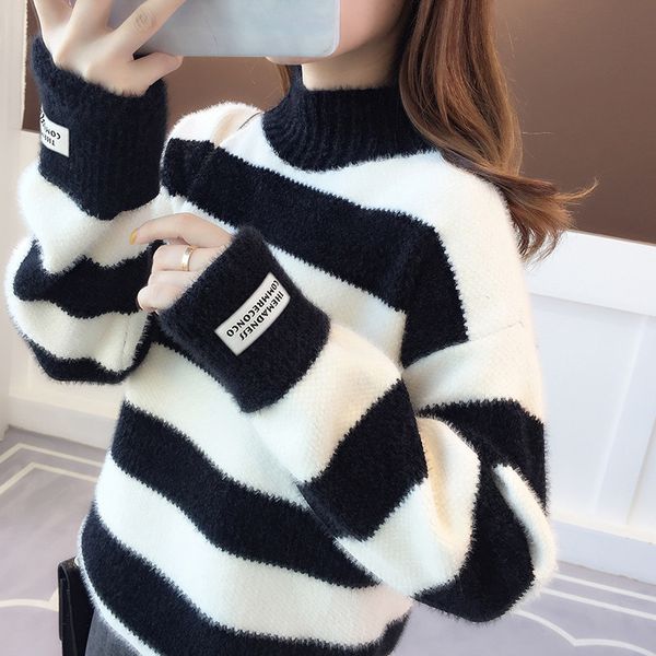 zogaa women's blouses loose outward winter warm striped clothes turtleneck high sweater soft sleeve mesh long underwear ib4l, White;black
zogaa women's blouses loose outward winter warm striped clothes turtleneck high sweater soft sleeve mesh long underwear ib4l, White;black