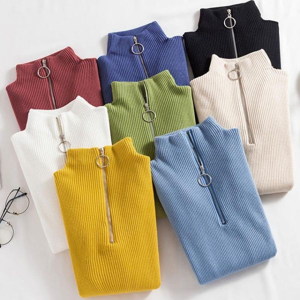 women's sweaters fashion bottom sweater half high collar with zipper basic shirt knitted solid pullover covering yarn slim top, White;black
women's sweaters fashion bottom sweater half high collar with zipper basic shirt knitted solid pullover covering yarn slim top, White;black