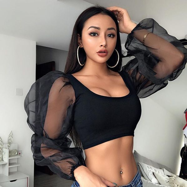 women spring mesh puff long-sleeved ribbed knitted shirt loose casual exposed navel shirt drop shipping, White 
women spring mesh puff long-sleeved ribbed knitted shirt loose casual exposed navel shirt drop shipping, White