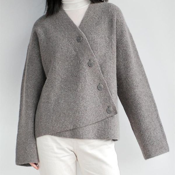 women's woolen knit sweater asymmetric side buttons v-neck long sleeve spring new ladies knitwear cardigans, White
women's woolen knit sweater asymmetric side buttons v-neck long sleeve spring new ladies knitwear cardigans, White