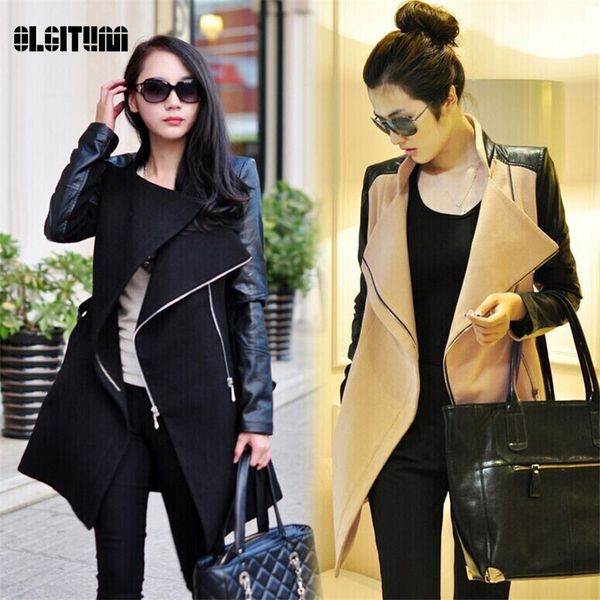winter women woolen coat patchwork womens jacket wool pu leather long sleeve jacket coat windbreaker oversized wool jacket lj201109, Black 
winter women woolen coat patchwork womens jacket wool pu leather long sleeve jacket coat windbreaker oversized wool jacket lj201109, Black