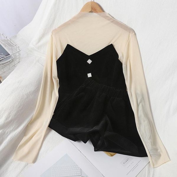 korean 2piece sets mesh patchwork buttons long sleeve + stretch waist velour shorts 2020 women outfits cotton polyester1, Gray
korean 2piece sets mesh patchwork buttons long sleeve + stretch waist velour shorts 2020 women outfits cotton polyester1, Gray