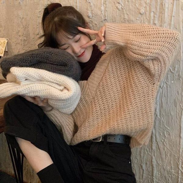 women's sweaters pullovers women autumn winter solid v-neck oversize loose casual daily basic womens 2021 korean clothing fashion, White;black
women's sweaters pullovers women autumn winter solid v-neck oversize loose casual daily basic womens 2021 korean clothing fashion, White;black