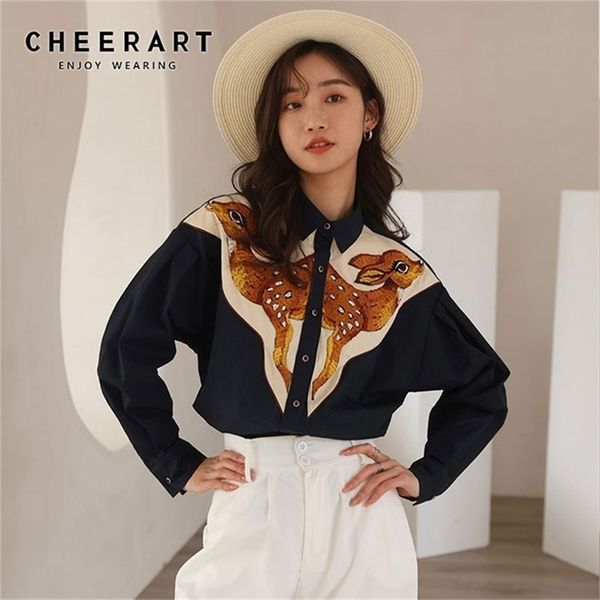 cheerart deer embroidered long sleeve shirt vintage button up collar dark green shirt for women designers and blouses 220311, White 
cheerart deer embroidered long sleeve shirt vintage button up collar dark green shirt for women designers and blouses 220311, White