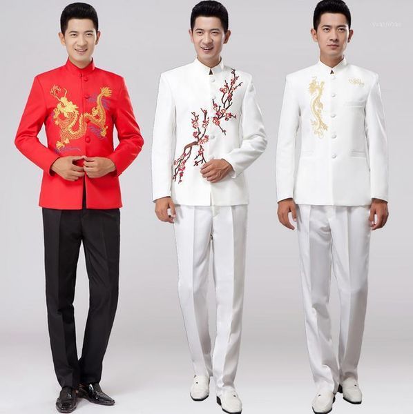 white red 2020 new arrival slim embroidered men chinese tunic suit set with pants mens suits wedding groom dress suit + pant1, White;black
white red 2020 new arrival slim embroidered men chinese tunic suit set with pants mens suits wedding groom dress suit + pant1, White;black