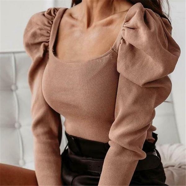 women bodysuit casual puff long sleeve slim fit knitted pullover one piece bodysuit solid elegant office lady jumpsuit, Black;white 
women bodysuit casual puff long sleeve slim fit knitted pullover one piece bodysuit solid elegant office lady jumpsuit, Black;white