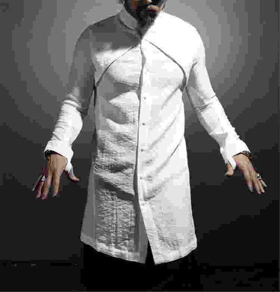 spring and autumn fashion men's club personality mid long slim long sleeve shirt hairdresser's shirt round swing split windbreaker, White;black
spring and autumn fashion men's club personality mid long slim long sleeve shirt hairdresser's shirt round swing split windbreaker, White;black