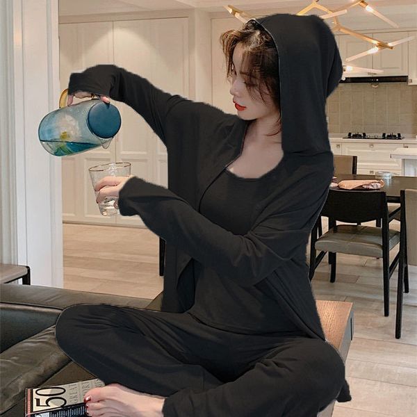 modal pajamas women's autumn cotton long sleeves with chest pad sling three-piece loose home service winter wear, Black;red
modal pajamas women's autumn cotton long sleeves with chest pad sling three-piece loose home service winter wear, Black;red