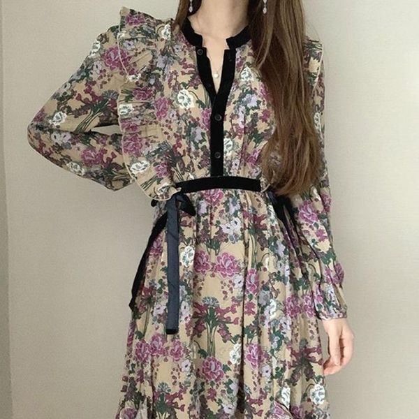 superaen retro o neck full floral print single breasted ruffles patchwork lace up dresses for women, Black;gray
superaen retro o neck full floral print single breasted ruffles patchwork lace up dresses for women, Black;gray