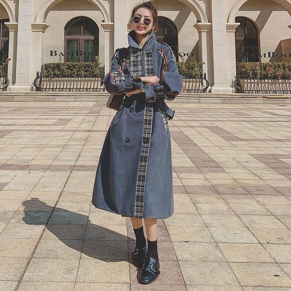 women's wool & blends women woolen coat 2021 winter loose plaid stitching double-breasted haze blue thick lapel waist fashion jacket fe, Black
women's wool & blends women woolen coat 2021 winter loose plaid stitching double-breasted haze blue thick lapel waist fashion jacket fe, Black