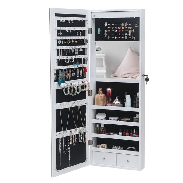 jewelry storage mirror cabinet with inner mirror with 4-layer shelf and 2 drawers wooden wall-mounted jewelry display cabinet with led light, Black;white
jewelry storage mirror cabinet with inner mirror with 4-layer shelf and 2 drawers wooden wall-mounted jewelry display cabinet with led light, Black;white