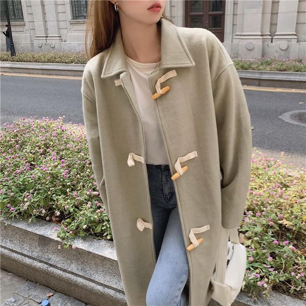 women's wool & blends women winter green long coat jacket horn button woolen overcoat loose oversize solid color cardigan outerwear, Black
women's wool & blends women winter green long coat jacket horn button woolen overcoat loose oversize solid color cardigan outerwear, Black