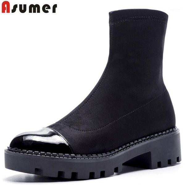 boots asumer fashion women round toe platform ankle square heels street style ladies stretch fabric+ patent leather1, Black
boots asumer fashion women round toe platform ankle square heels street style ladies stretch fabric+ patent leather1, Black