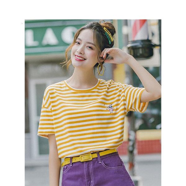 2020 summer new arrival pure cotton round collar dropped shoulder sleeve stripe embroidered all-match literary t-shirt, White
2020 summer new arrival pure cotton round collar dropped shoulder sleeve stripe embroidered all-match literary t-shirt, White