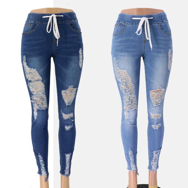 women's jeans casual ripped denim pencil pants hole streetwear high waist skinny clothes for women1, Blue 
women's jeans casual ripped denim pencil pants hole streetwear high waist skinny clothes for women1, Blue