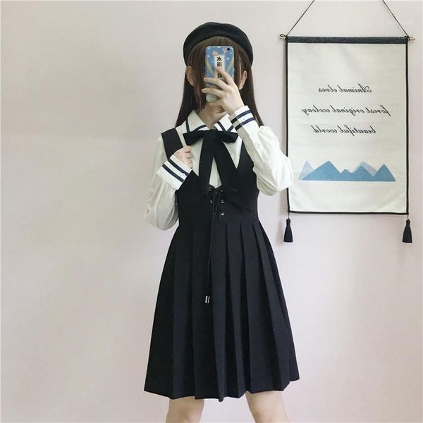 japanese student uniform jk women's bow trim shirt blouse+pleated dress overalls 2pcs set 2020 autumn preppy style1, White
japanese student uniform jk women's bow trim shirt blouse+pleated dress overalls 2pcs set 2020 autumn preppy style1, White