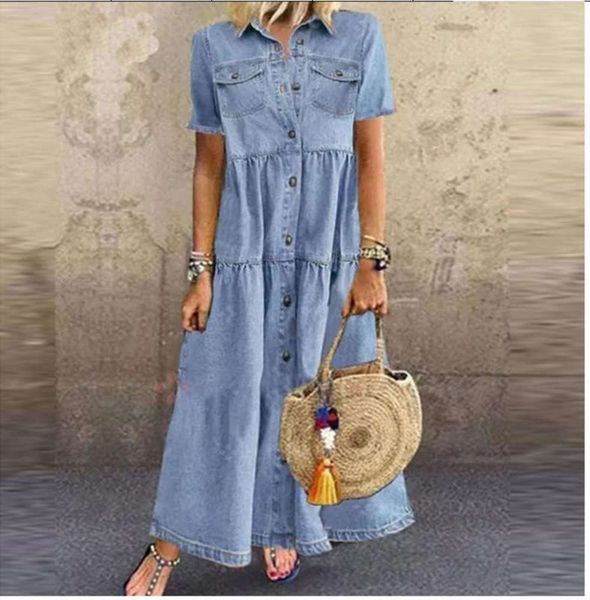 breasted single 2020 old long denim short sleeve lapel dress, Black;gray