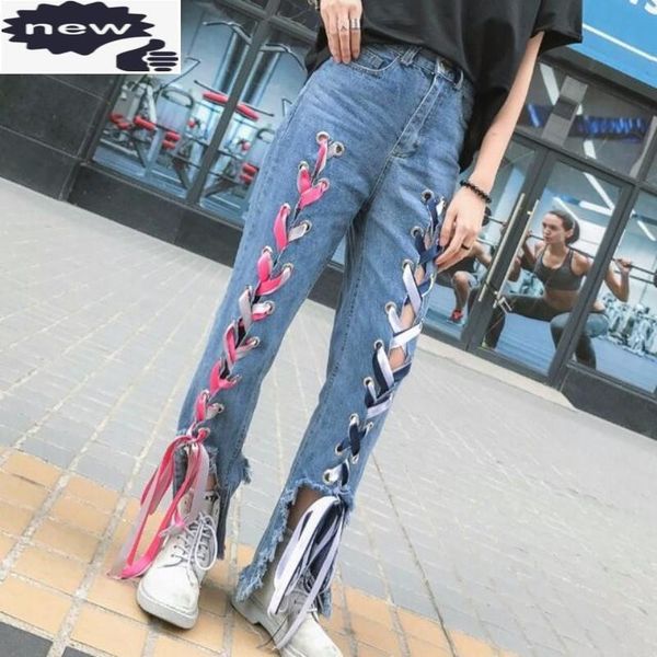women's jeans girls personality lace up loose casual denim hole ripped high streetwear fashion designer women trousers mid waist pants, Blue
women's jeans girls personality lace up loose casual denim hole ripped high streetwear fashion designer women trousers mid waist pants, Blue