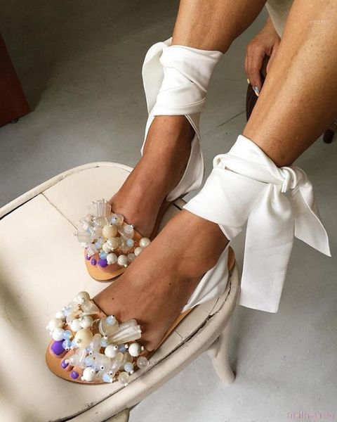 2020 handmade pearl sandals women flat sandals ankle strap beaded special women's shoes beach candy colour size 35-431, Black