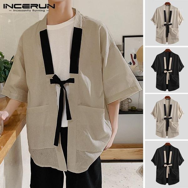 men's casual shirts incerun chinese style shirt men pockets cotton half sleeve patchwork loose kimono vintage streetwear 20211, White;black 
men's casual shirts incerun chinese style shirt men pockets cotton half sleeve patchwork loose kimono vintage streetwear 20211, White;black