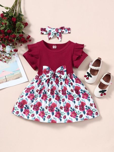 baby floral print ruffle trim bow front dress with headband she02, Red;yellow 
baby floral print ruffle trim bow front dress with headband she02, Red;yellow
