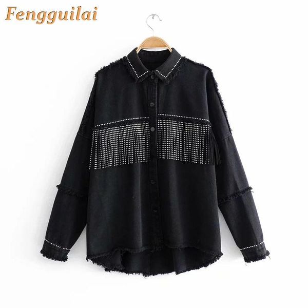 women's jackets autumn women black loose denim jacket coat sequined tassels streetwear lapel button outerwear, Black;brown
women's jackets autumn women black loose denim jacket coat sequined tassels streetwear lapel button outerwear, Black;brown
