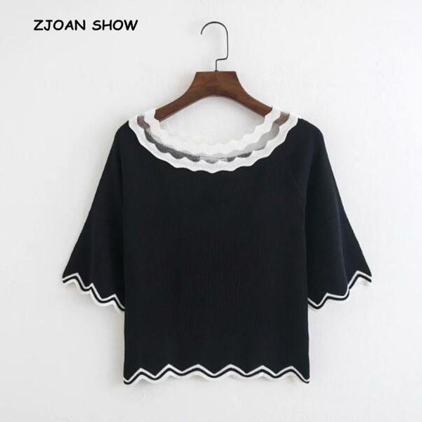 office lady hollow out collar knit t-shirt woman contrast color stripe flare cuff t shirt tight tee retro black white1 women's, White
office lady hollow out collar knit t-shirt woman contrast color stripe flare cuff t shirt tight tee retro black white1 women's, White