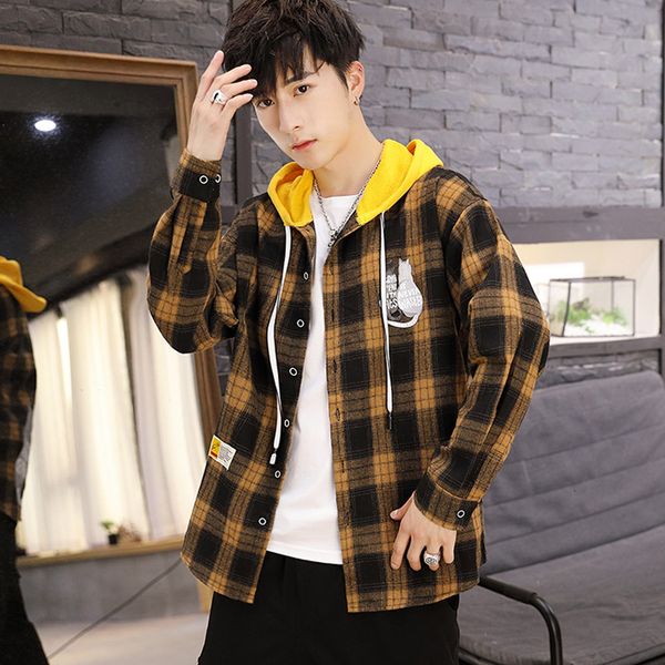 plaid long sleeve youth shirt korean fashion student autumn handsome men's hooded coat, White;black
plaid long sleeve youth shirt korean fashion student autumn handsome men's hooded coat, White;black
