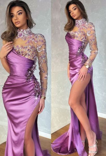 2022 purple prom dresses mermaid high split beaded lace applique crystals one shoulder long sleeves illusion custom made formal evening part, Black
2022 purple prom dresses mermaid high split beaded lace applique crystals one shoulder long sleeves illusion custom made formal evening part, Black